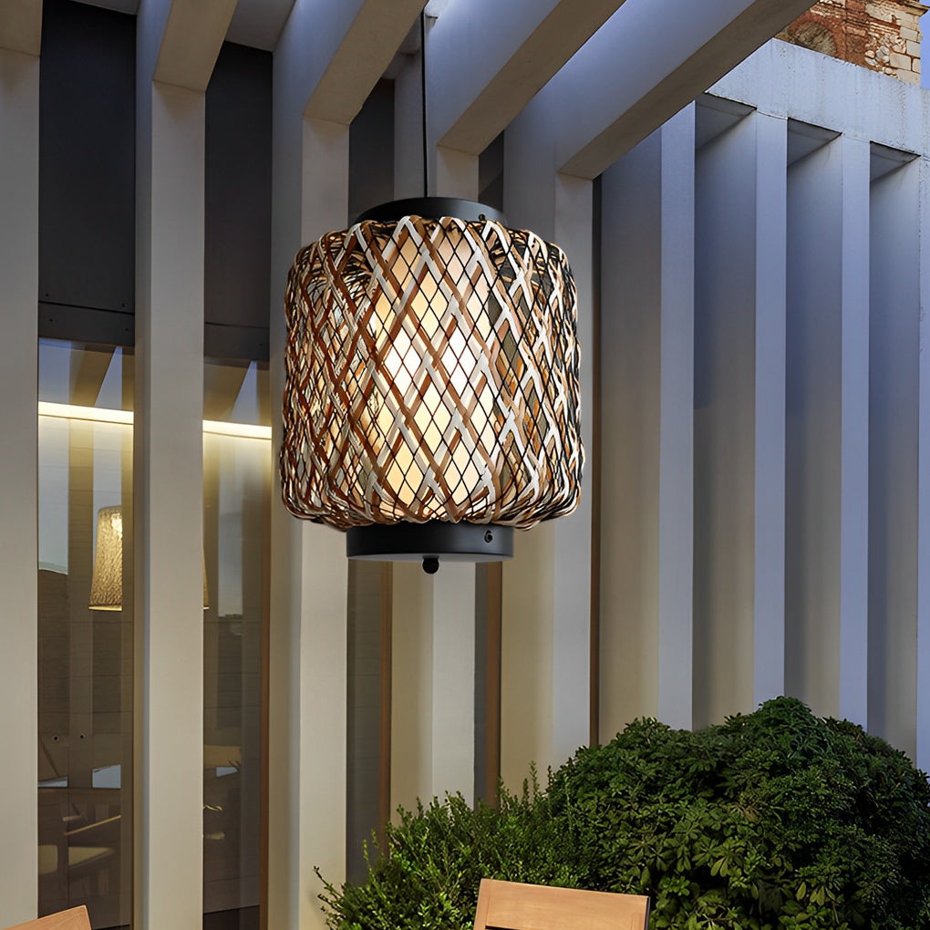 Rustic Modern Outdoor Hanging Chandelier — Iron and Rattan, E27, 10.2" Diameter, Waterproof