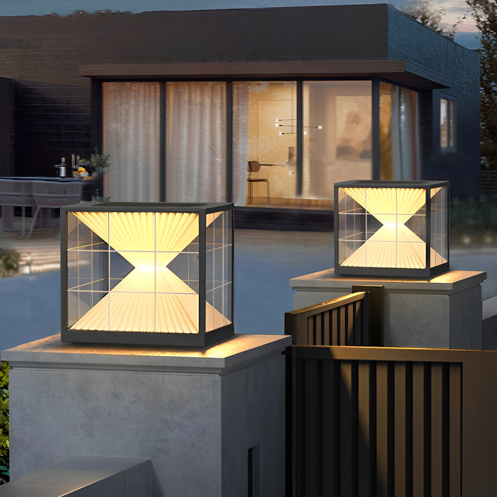 Square Hourglass Solar Fence Post Light — Stainless Steel & Acrylic, LED 3000K, IP65 Weatherproof, Black