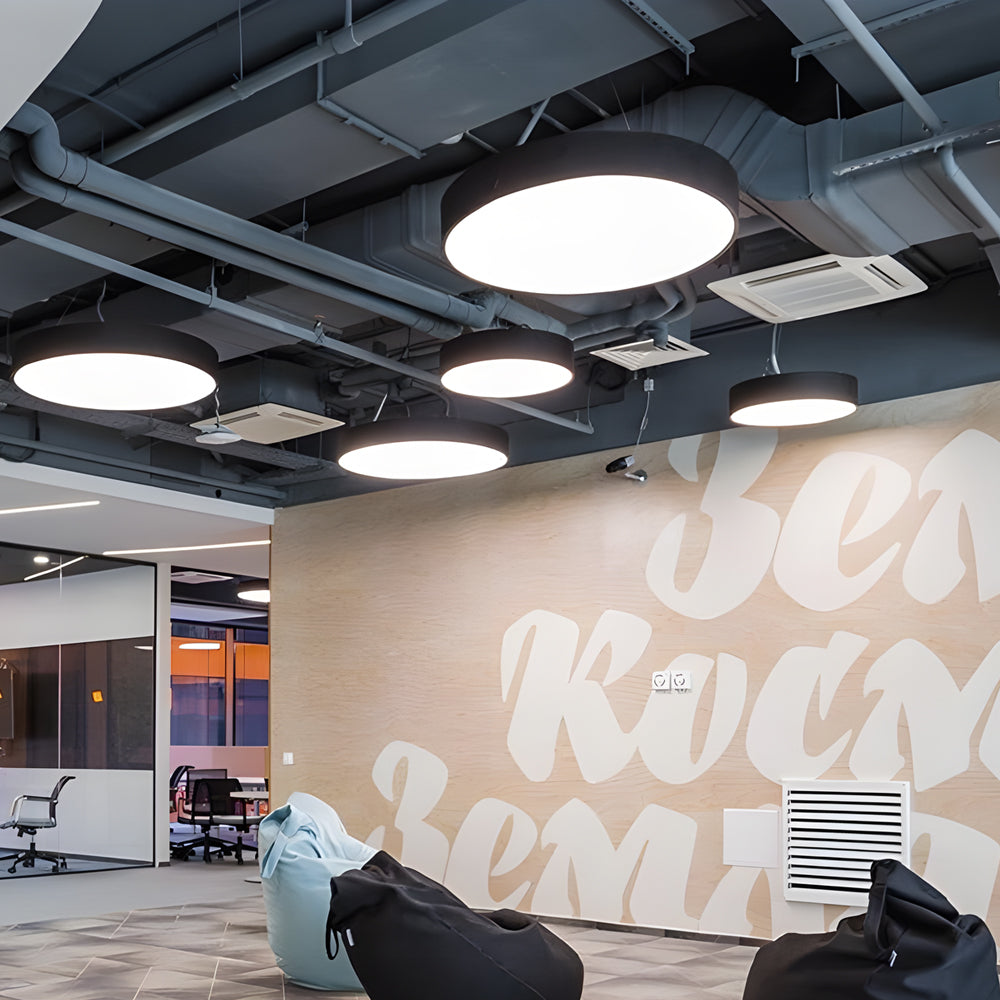 Round Minimalist Office Pendant — Matte Black Iron, LED 6000K, 21W–84W Adjustable Hang
