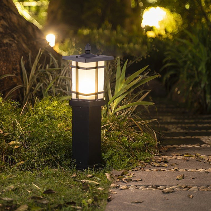 Vintage Geometric Outdoor Bollard Light — Black Aluminum & Glass, 12W LED E27, IP65, Hardwired