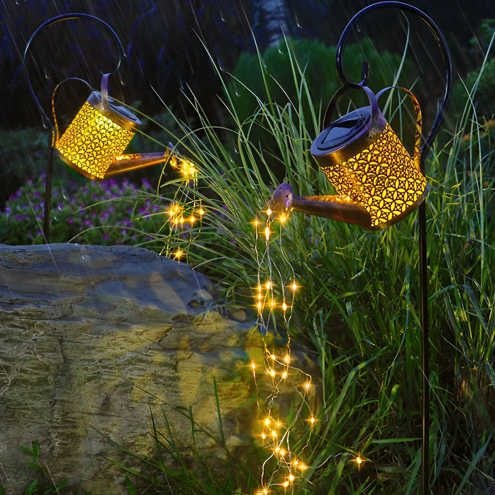 Iron Kettle Shower Solar Garden Light — Iron, LED, IP55 Weatherproof, Dusk-to-Dawn