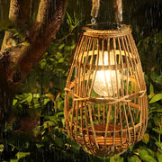 Retro Rattan Solar Outdoor Lantern — Bamboo, Wood & Hemp Rope, LED Warm White, IP44, Portable Hanging