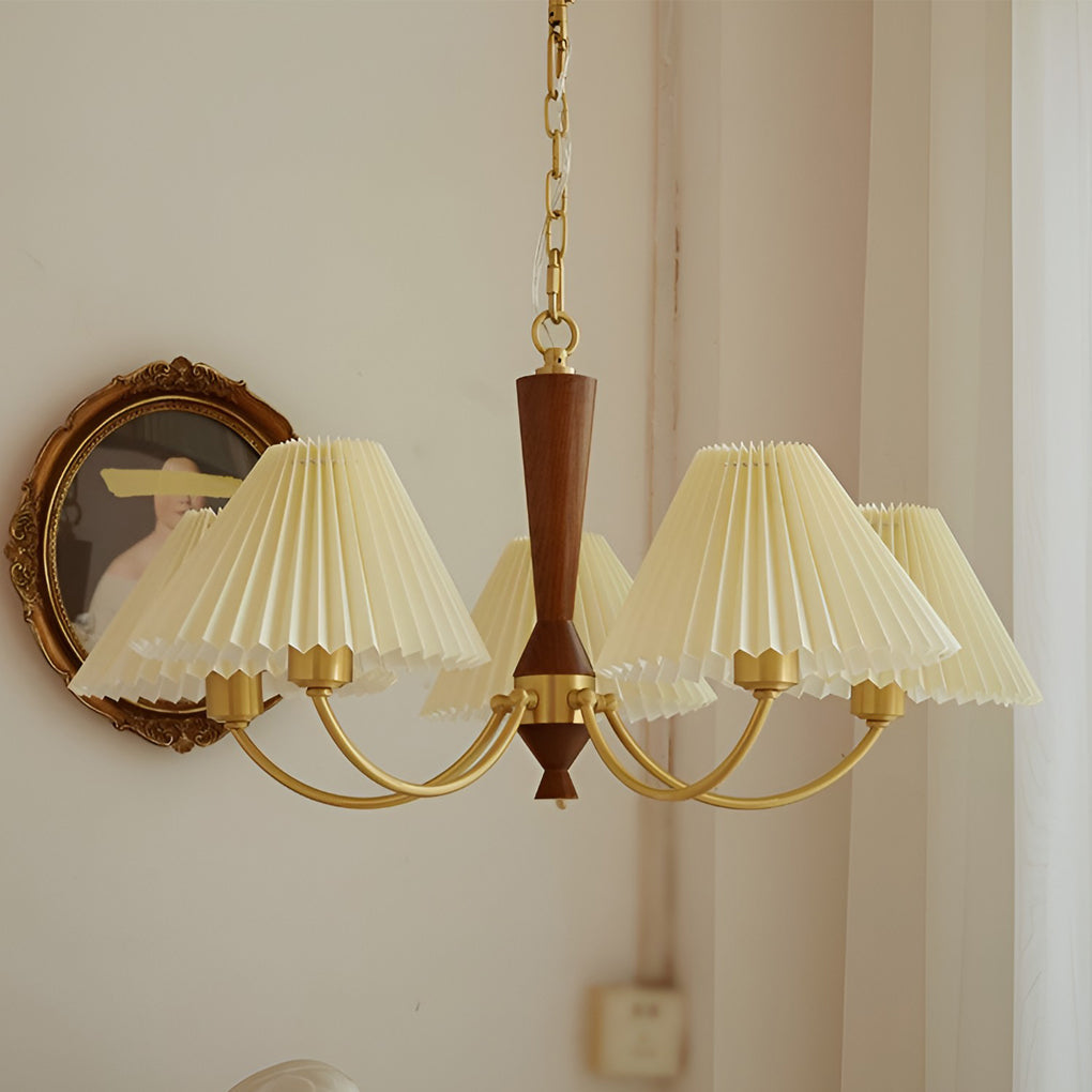 Pleated Shade Chandelier — Copper & Walnut, 12W LED Warm White 3000K, 3-Light 24" or 5-Light 28"