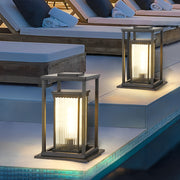Square Solar Bollard Path Light — Black Die-Cast Aluminum, Ribbed Glass, 3000K LED, Auto Dusk-to-Dawn