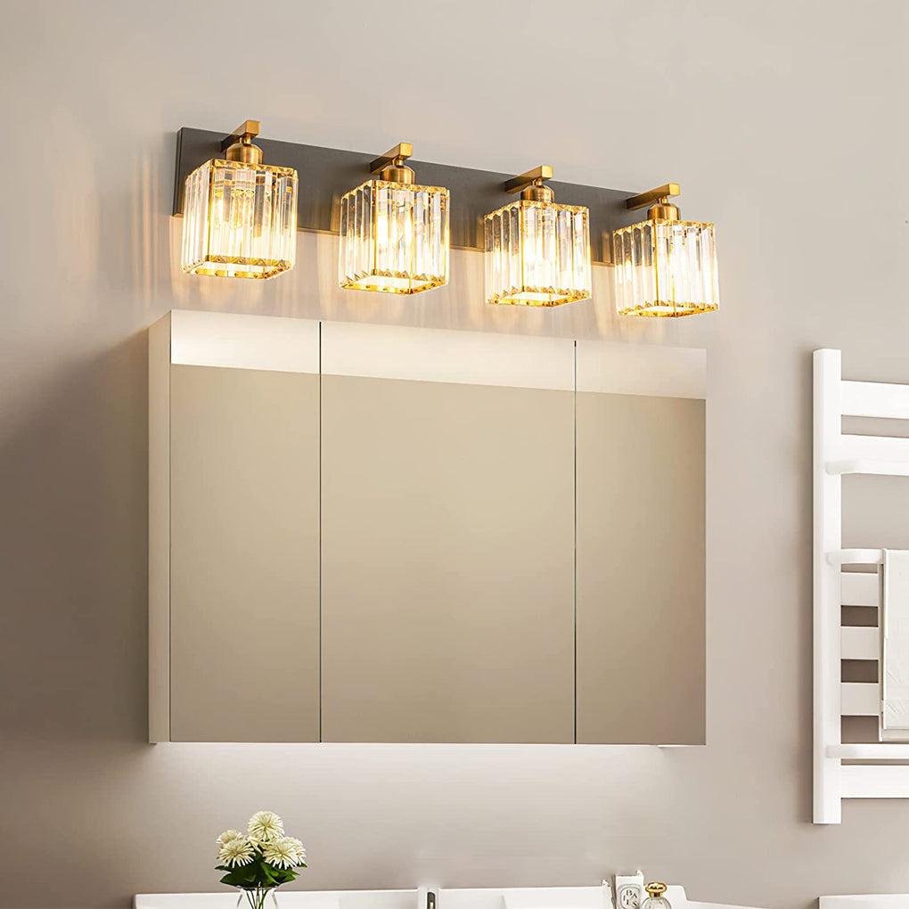 Square Crystal Multi-Light Vanity Sconce — Black and Gold Electroplated Metal, 4-Light / 5-Light, 28.3" Wide