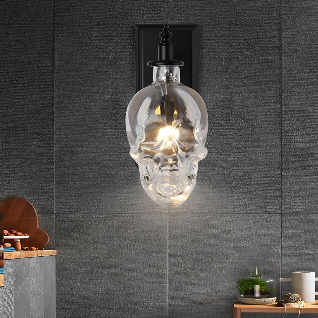 Industrial Skull Wall Sconce — Black Iron and Glass, E14, Warm White 2700–3200K