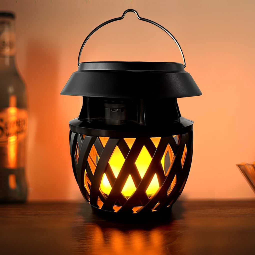 Flickering Flame Portable Solar Lantern — ABS + PC, LED 0.5W, USB Rechargeable, IP55, 3-Mode, Black
