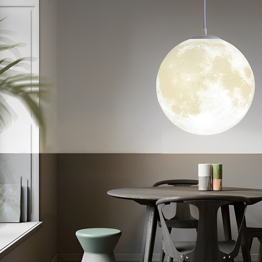 3D Moon Sphere Pendant — Iron, Lunar-Texture Lampshade, Adjustable Hanging Wire, 7.9"–15.7"