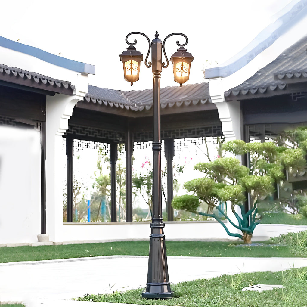 2-Light Retro Outdoor Post Light — Die-Cast Aluminum and Glass, Bronze/Black, E27, IP65, Hardwired, 21.7" W × 116.1" H