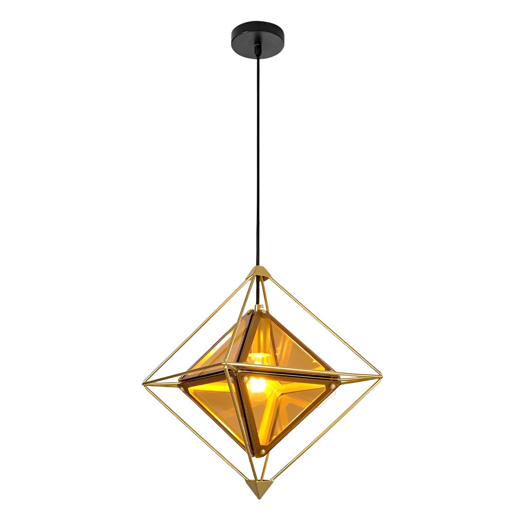 Modern Geometric Glass Pendant Light — E27, 16" Diameter, Amber or Smoke Gray, Gold or Black Finish