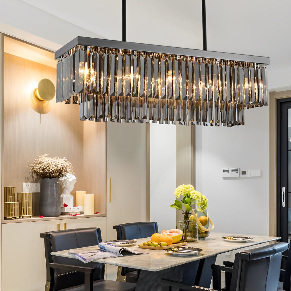 Rectangular Crystal LED Chandelier — Smoke Gray, Stainless Steel, 3-Step Dimming (3000K/4500K/6000K), E14