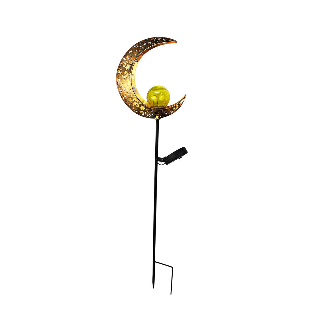 Moon, Sun & Flame Hollow Iron Solar Garden Stake Light — Cracked Glass Globe, LED, IP55 Weatherproof