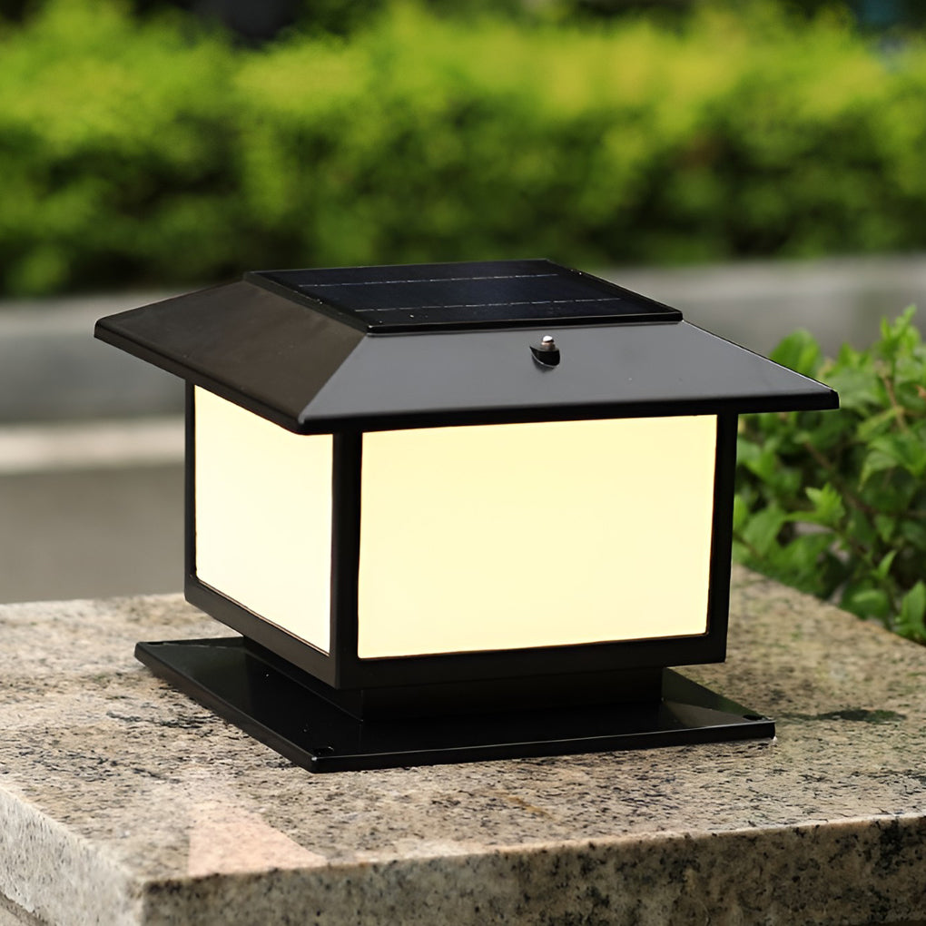 Square Solar Fence Post Light — Aluminum, Black, Three-Step Dimming, Waterproof