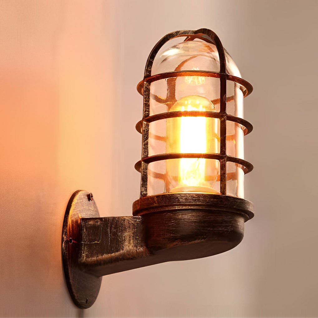 Retro Cage Outdoor Wall Sconce — Die-Cast Aluminum and Glass, 4W LED, E27, Waterproof, 6" × 9"
