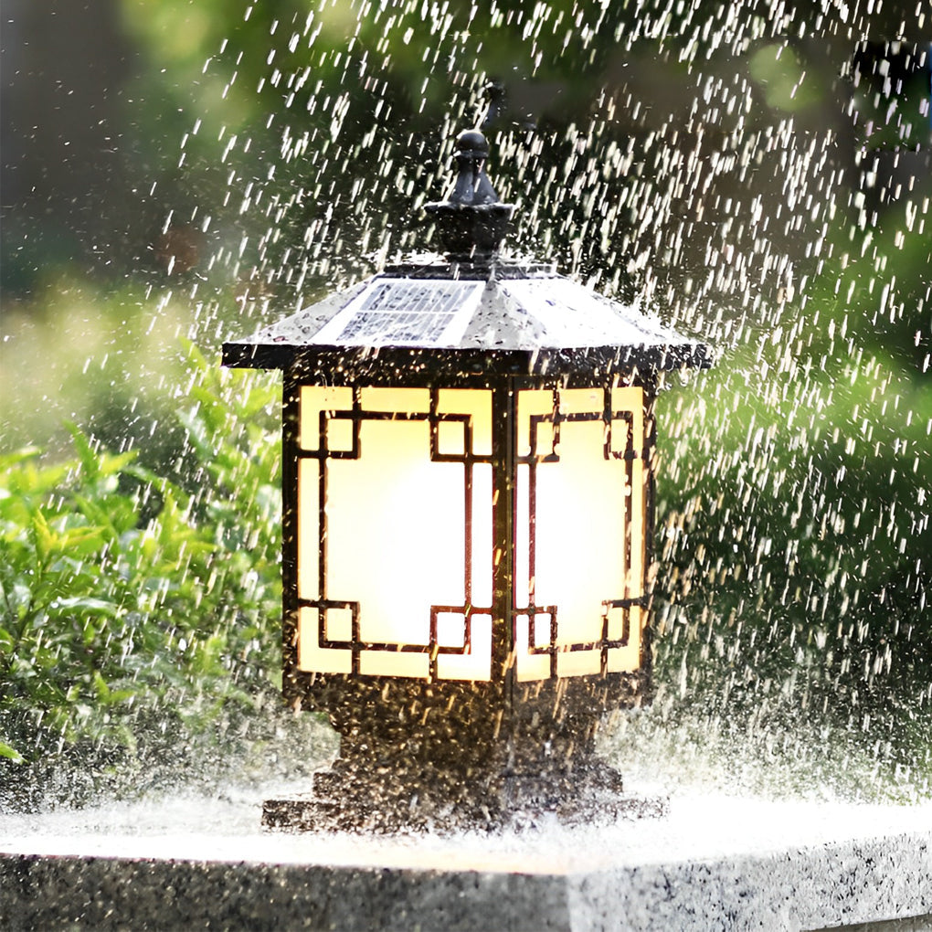 Brown Solar Fence Post Light — Die-Cast Aluminum, Retro Grille, Three-Color LED, IP65 Weatherproof
