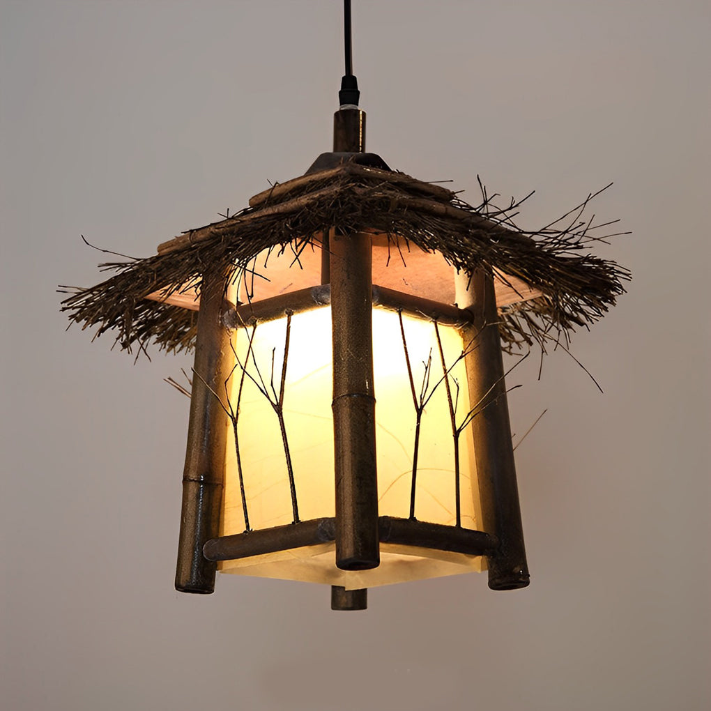 Branch Pattern Bamboo Lantern — Outdoor Hanging or Post Light, E27, Waterproof, 12" Rustic Farmhouse