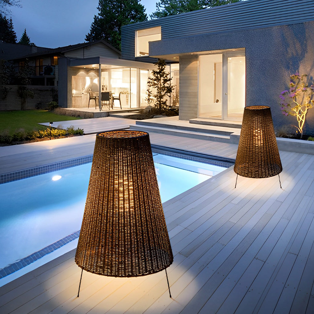 Rustic Modern Outdoor Floor Lamp — Woven Rattan Shade, Iron Tripod Base, 1-Light, IP65, 25" × 37"