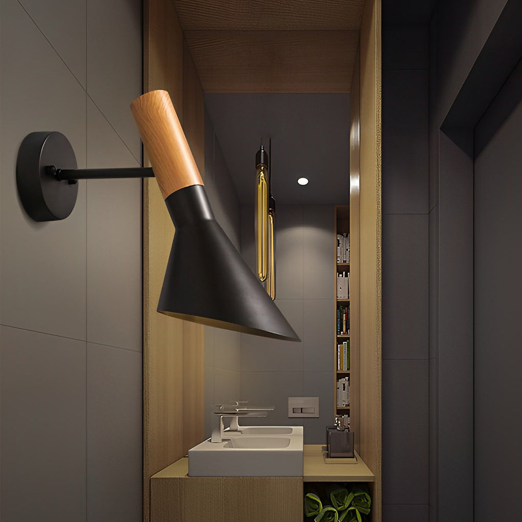 Retro Industrial Plug-in Wall Sconce — Wood and Iron, E27 LED, 12", Black or White