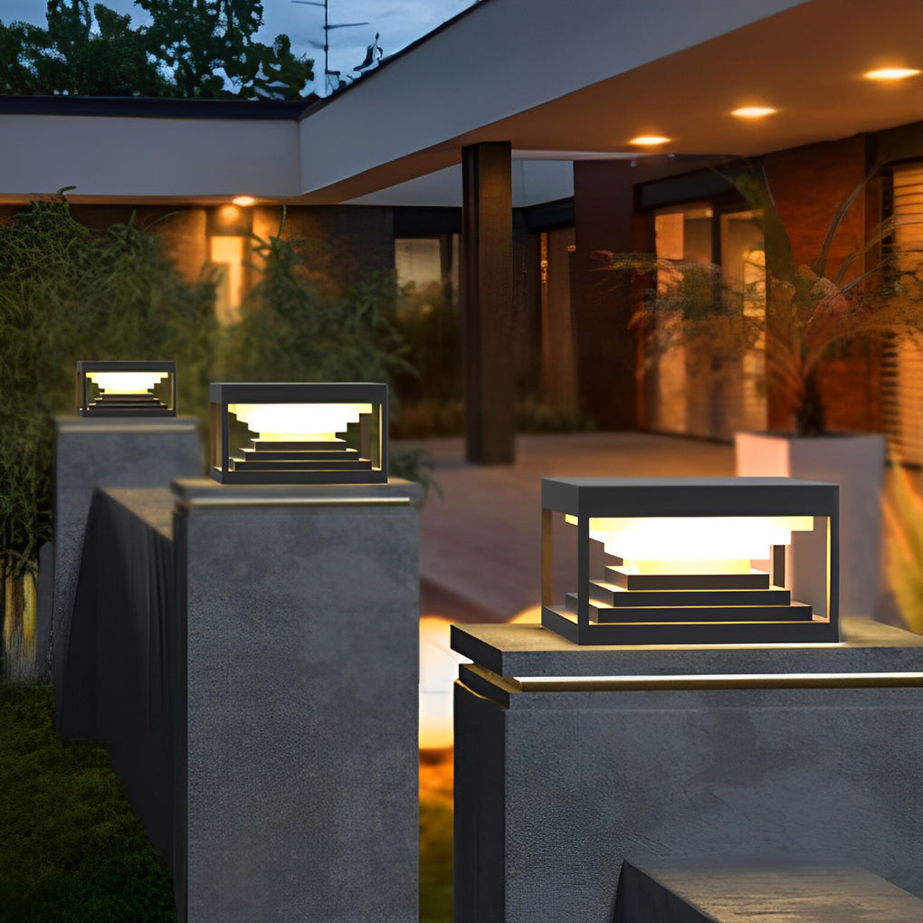 Modern Square Solar Post Cap Light — Black Stainless Steel, LED 3000K, IP65, 7.87"–15.75"