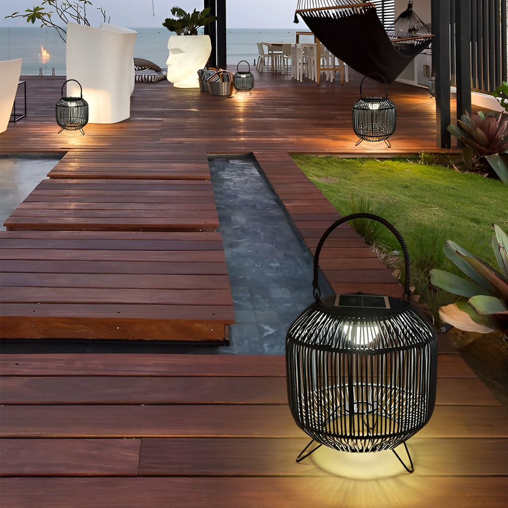Retro Rattan Portable Outdoor Lantern — Iron and Wicker, Solar-Powered, IP65 Weatherproof, 10" × 16"