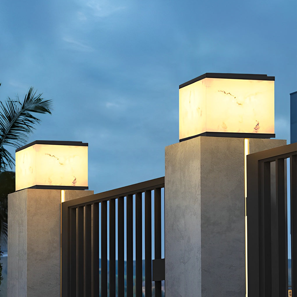 Modern Square Fence Post Pillar Light — Die-Cast Aluminum, Imitation Marble, Solar LED, 3000K, IP65 Waterproof