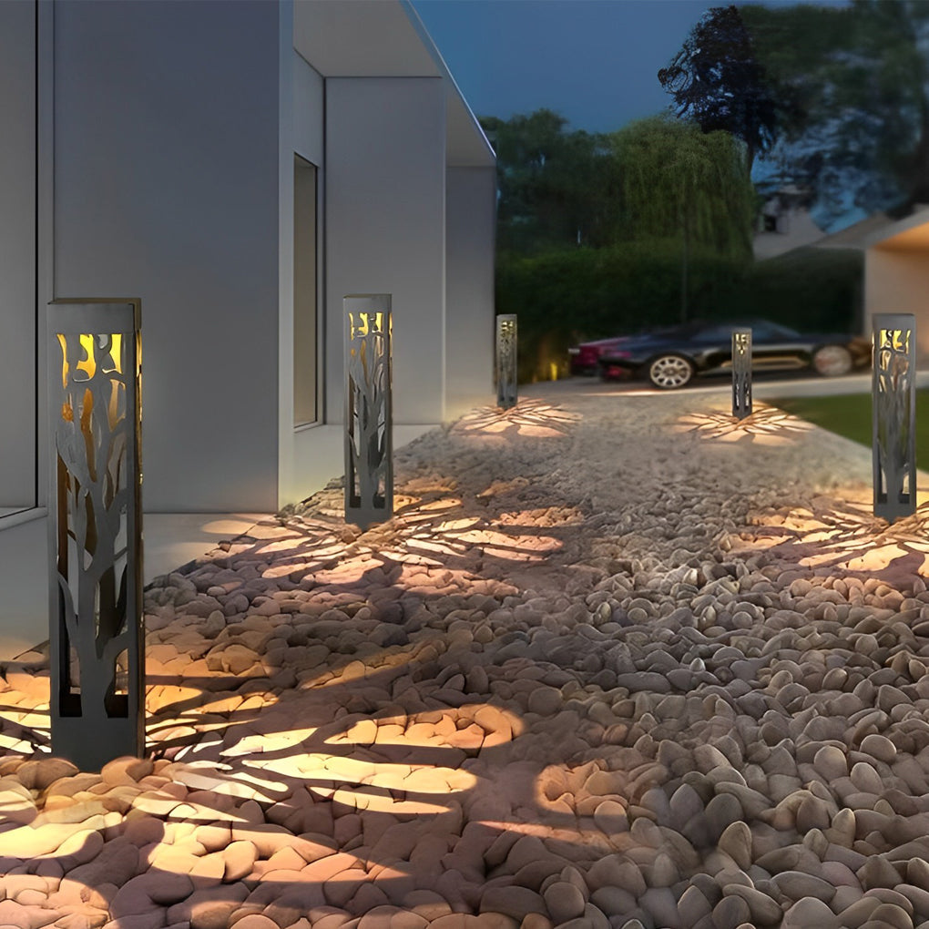Hollow-Out Branch Solar Bollard Light — Stainless Steel, LED, IP54, Dusk-to-Dawn, 23.6" or 31.5"
