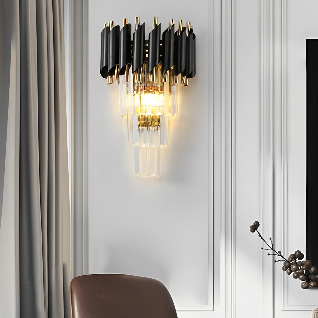 Postmodern Geometric Wall Sconce — Metal and Crystal Glass, 2-Light E14, Gold and Black, 10" × 14"