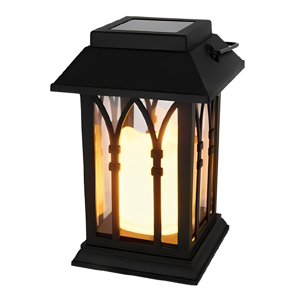 Black Solar Outdoor Portable Lantern — Glass, LED, IP54 Weatherproof, 3000K Warm White