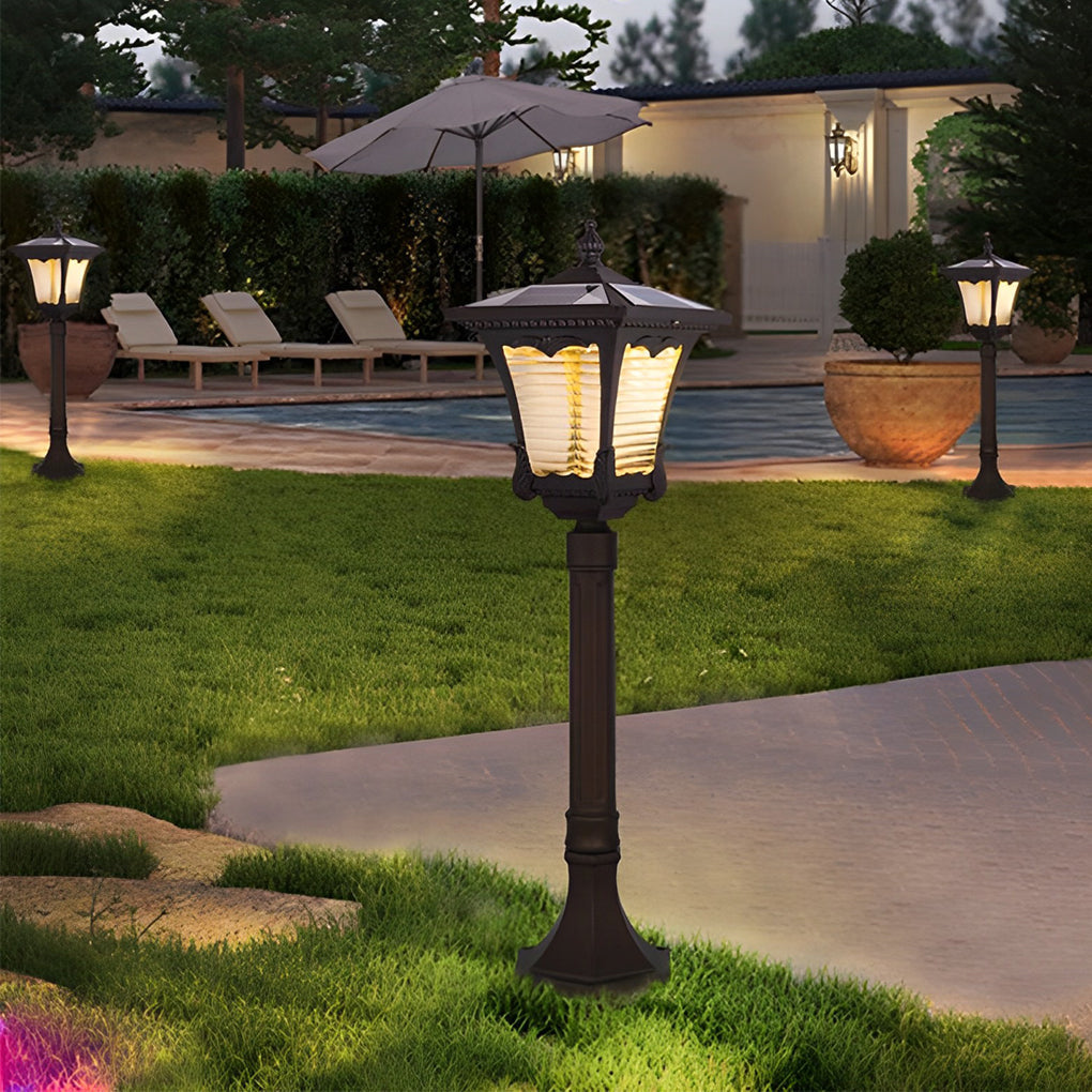 Ornate Vintage Solar LED Post Light — Coffee Gold Aluminum & Glass, Dusk-to-Dawn, IP55, 20" or 31"