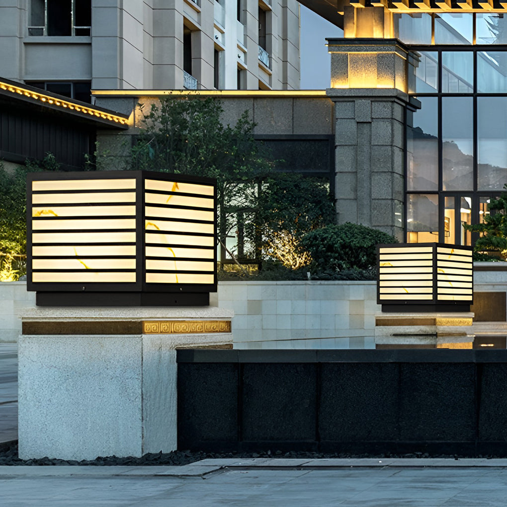 Modern Square Outdoor Pillar Post Light — Stainless Steel, Faux Marble, Solar / Hardwired, IP65