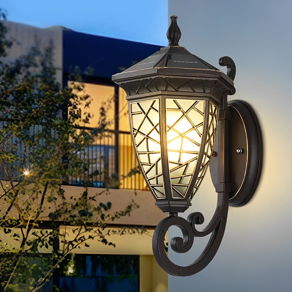 Retro-Pattern Solar Outdoor Wall Sconce — Die-Cast Aluminum, Black, IP55 Weatherproof