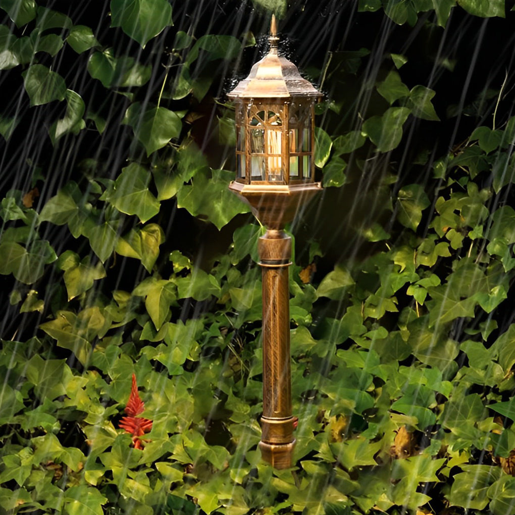 Slim Industrial Outdoor Post Light — Die-Cast Aluminum, Cylindrical Glass, E27, 32" H, Black / Bronze