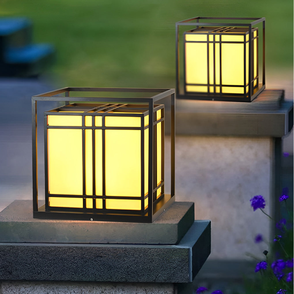 Square Outdoor Post Cap Light — Black Galvanized Steel, Imitation Marble Shade, LED, Waterproof, Hardwired