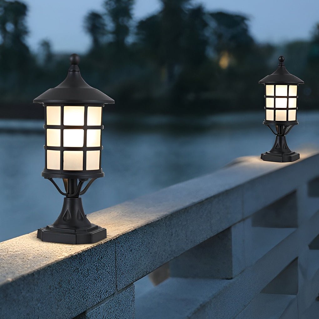 Modern Black Round Cage Solar / Hardwired Pillar Light — Die-Cast Aluminum & Glass, LED, IP65, 3-Step Dimming, Remote Control