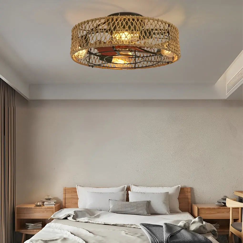 Industrial Style Inverter Ceiling Fan Lamp with Creative Rattan and Iron Design Luxe
