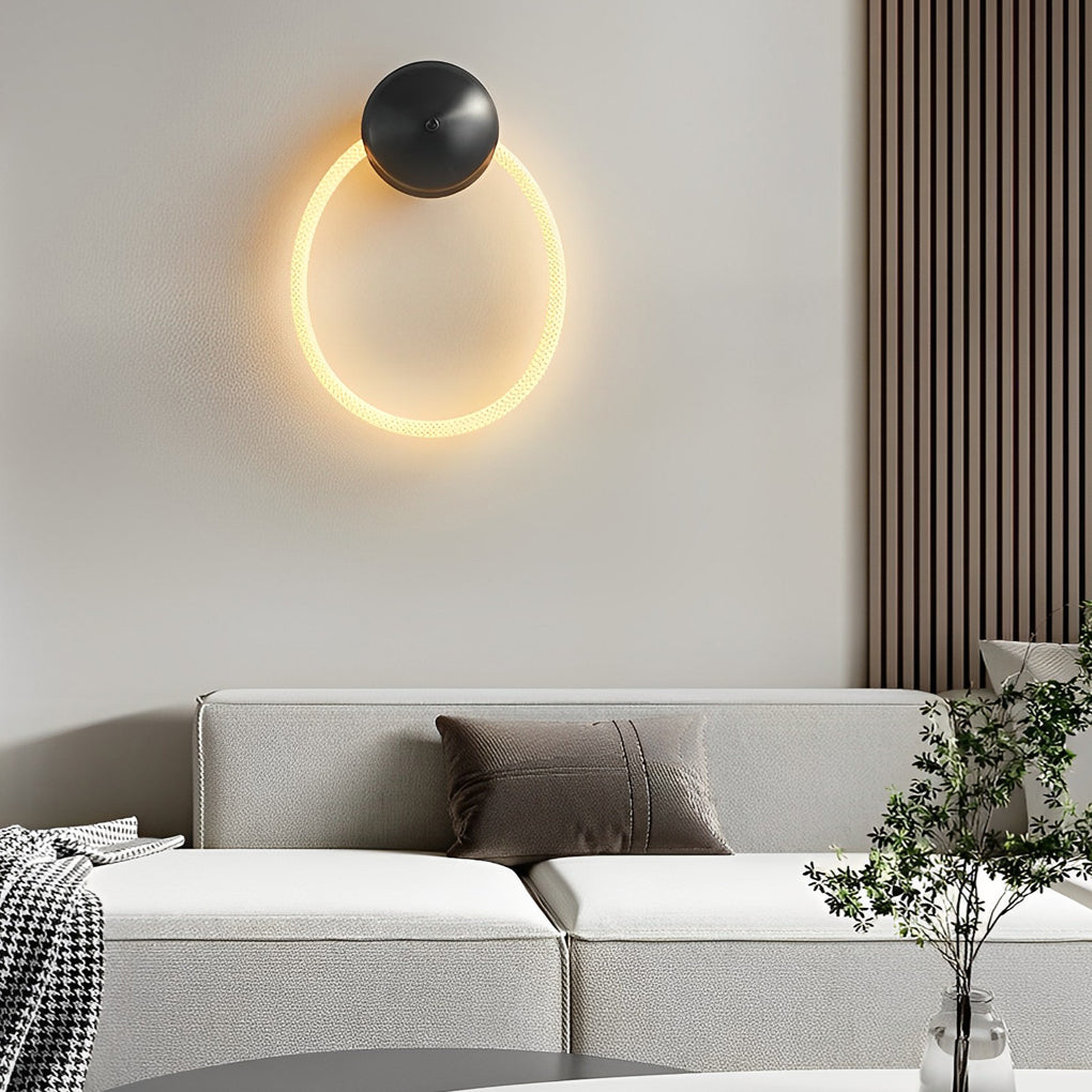 Round Handwoven Nylon Wall Sconce — Black, LED, 3000K Warm White, 1-Ring & 2-Ring Variants