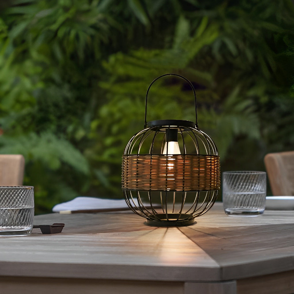 Rattan Cage Portable Outdoor Solar Lantern — Rustic Modern, IP55 Weatherproof, 9" Diameter