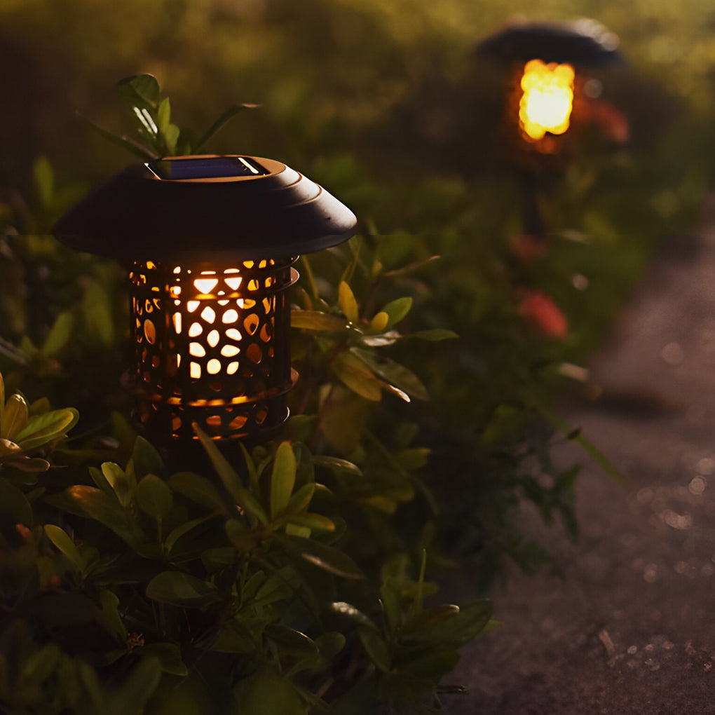 Modern Solar Lawn Lights with Waterproof Round Hollow Design and Flickering LED Flame Effect