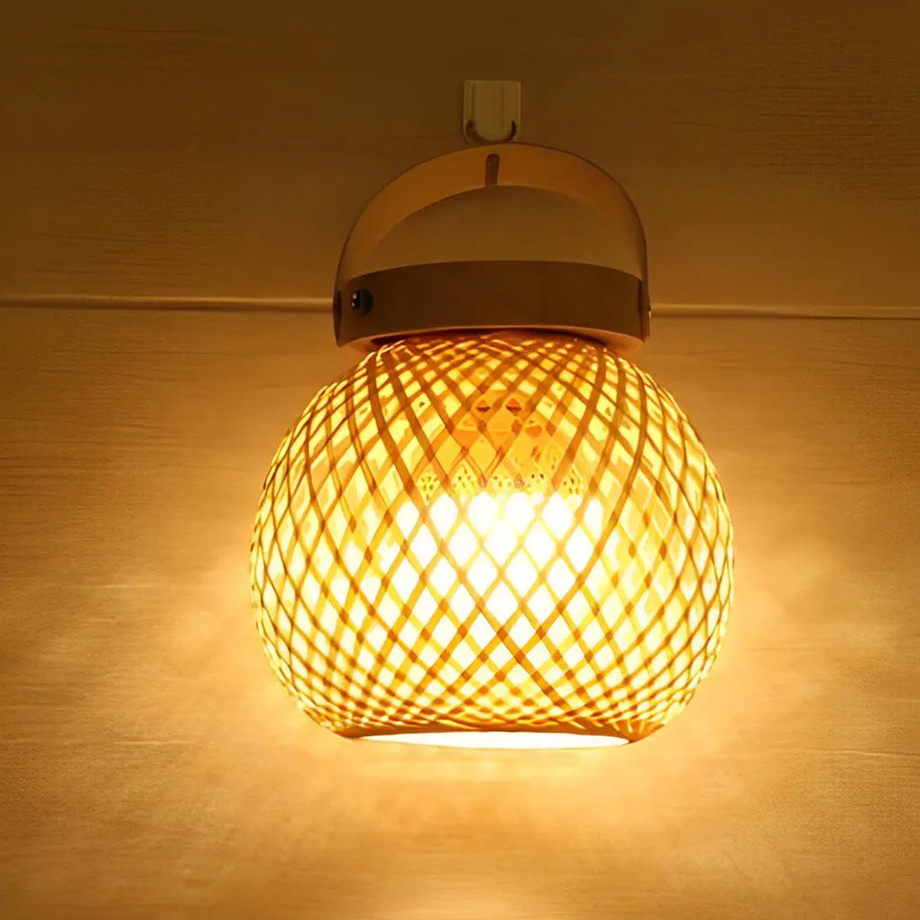 Portable Rustic Bamboo Lantern Table Lamp with Handle - Woven Design Luxe
