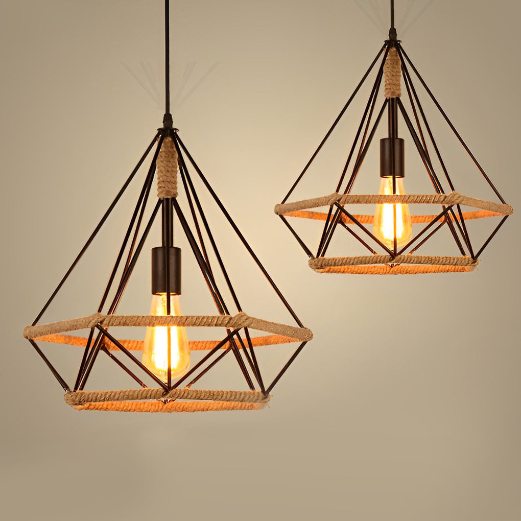 Rustic Geometric Rope Lantern Pendant — Black Iron, Industrial, E27, 51" Adjustable Wire