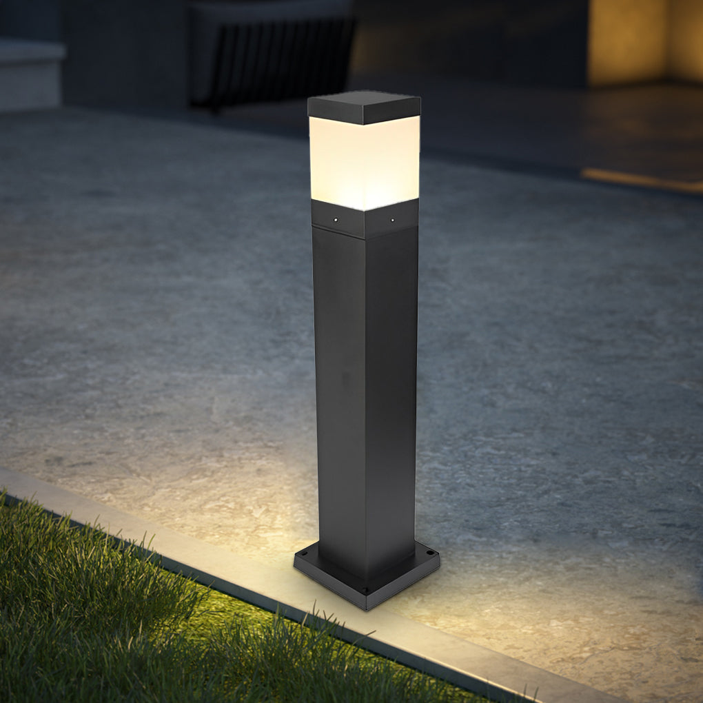 Minimalist Square Outdoor Bollard Light — Aluminum & Acrylic, Black, COB LED, IP65, Hardwired, 15.7" / 23.6" / 31.5"