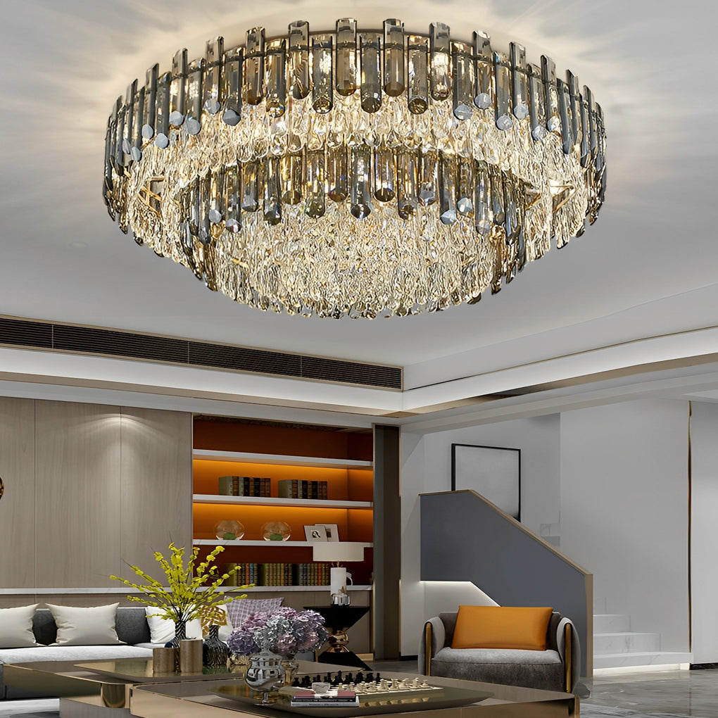 Round Crystal Flush-Mount Ceiling Light — Metal and Iron, Three-Step Dimming, 3000K/4500K/6000K, 20"–39" Sizes