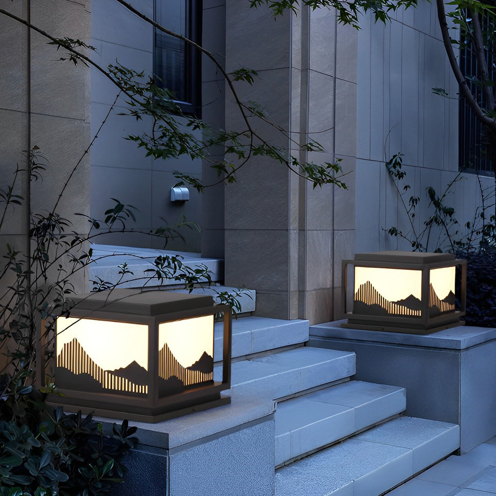 Square Solar Post Cap Light — Galvanized Steel & Acrylic, Mountain Scenery, LED E27, Hardwired / Solar, Warm White 3000K