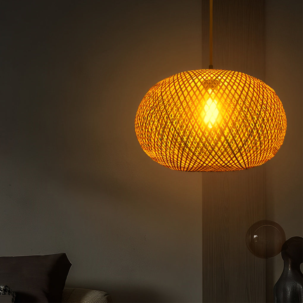 Round Hand-Woven Bamboo Rattan Chandelier — Rustic Modern, 17" Diameter, E26/E27