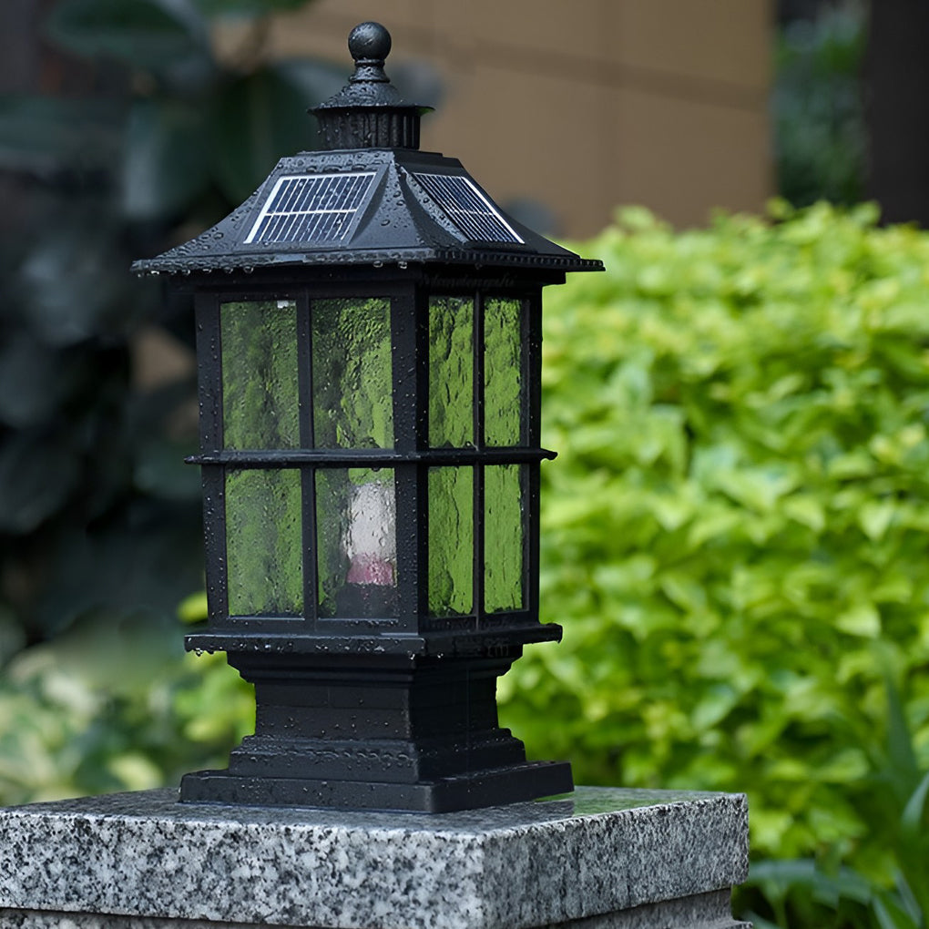 Modern Black Solar Post Cap Pillar Light — Die-Cast Aluminum & Glass, E27 LED, Remote Control, Dimmable