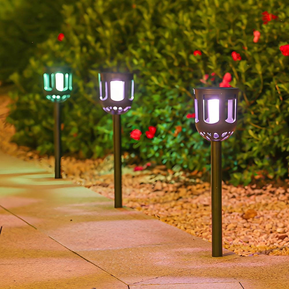 Modern Black Solar LED Path Lights, Set of 4 — Warm White / White / RGB, 3.5" Dia × 17.7"H