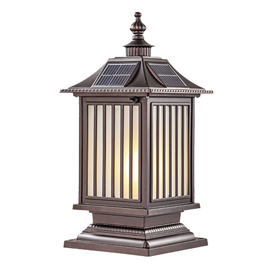 Lantern-Style Outdoor Pillar Light — Aluminum & Glass, Solar or Hardwired, 3-Step Dimming (3000K/4500K/6000K), IP65, E27