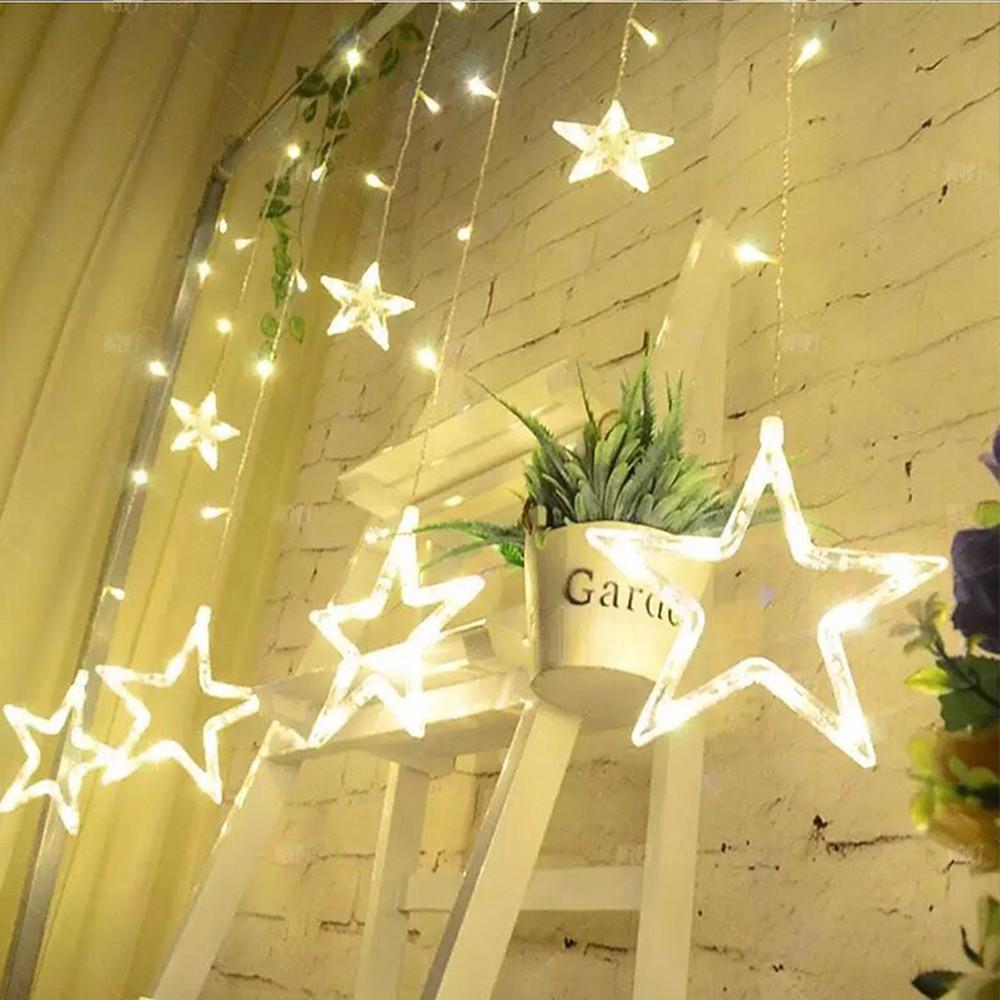 Acrylic Star LED Curtain String Lights — 216 Bulbs, 8.2 ft, 8 Modes, IP44, Warm White