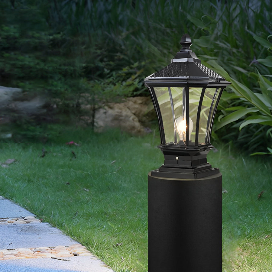 Retro Vintage Outdoor Post Light — Die-Cast Aluminum and Glass, Solar / Hardwired, IP65, 9"×17"