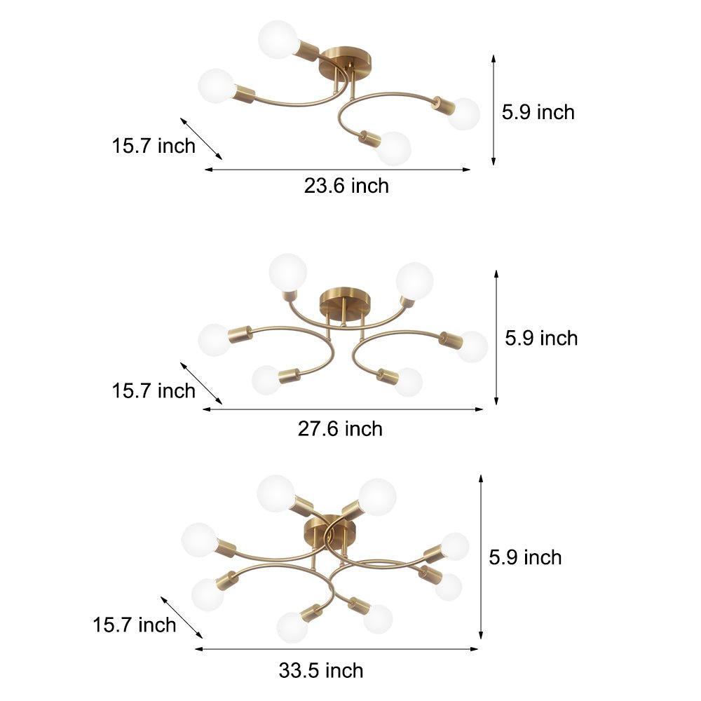 Curved-Arm Semi-Flush Chandelier with White Shades — Gold Iron, E27, 4, 6, or 8-Light